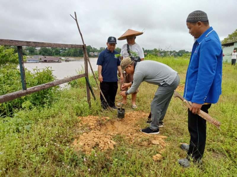 Kepala Sub Bagian Tata Usaha Kankemenag Melawi, H. Fazli Aminudin melakukan penanaman pohon produktif didampingi Ketua APRI Kabupaten Melawi, (H. Darwisno), Kepala KUA Pinoh Selatan (Roni Siswanto) dan Ketua Takmir Masjid Jami’ Tekelak (Heri Darmawan).
