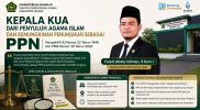 Kepala KUA yang berasal dari Jabatan Fungsional Penyuluh Agama Islam sedang menelaah regulasi pencatatan nikah di ruang kerja KUA, dengan latar dokumen UU Nomor 22 Tahun 1946 dan PMA Nomor 30 Tahun 2024.