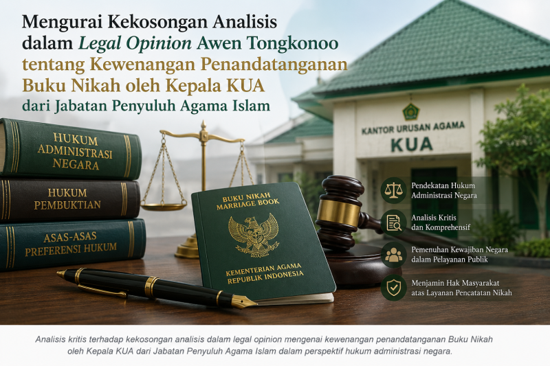 Mengurai Kekosongan Analisis dalam Legal Opinion Awen Tongkonoo tentang Kewenangan Penandatanganan Buku Nikah oleh Kepala KUA dari Jabatan Penyuluh Agama Islam. Sebuah telaah kritis terhadap konstruksi argumentasi hukum yang mengabaikan realitas kekurangan penghulu serta kewajiban negara dalam menjamin keberlangsungan pelayanan pencatatan nikah.